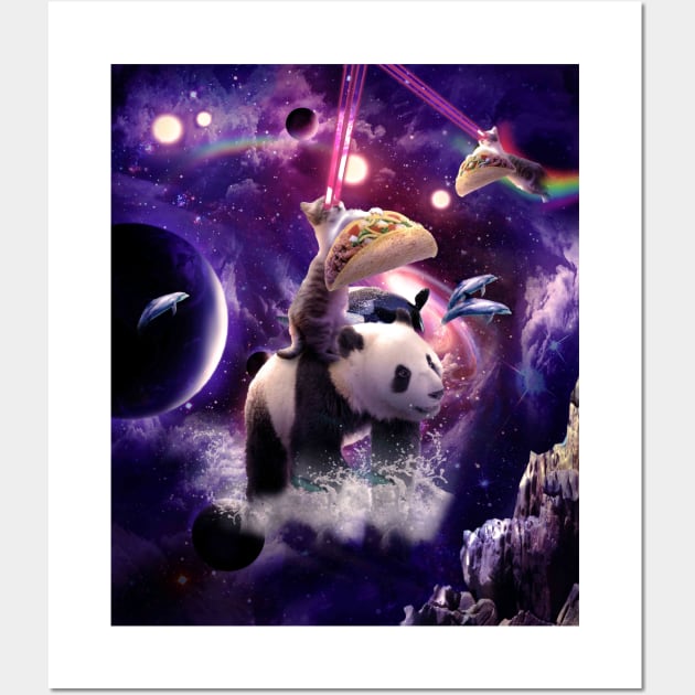 Rainbow Laser Space Cat On Panda Eating Taco Wall Art by Random Galaxy